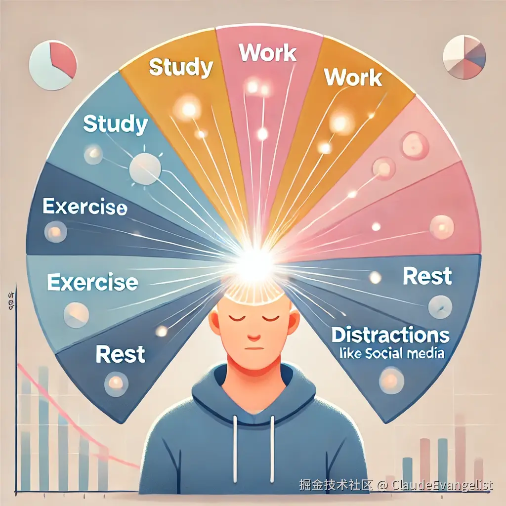 DALL·E 2024-10-21 21.22.21 - An illustration depicting a person's day divided into segments like a pie chart. Each segment represents different activities_ study, work, exercise, .webp