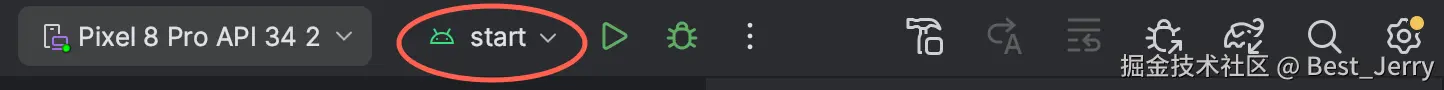 显示已在 Android Studio 中选择 start