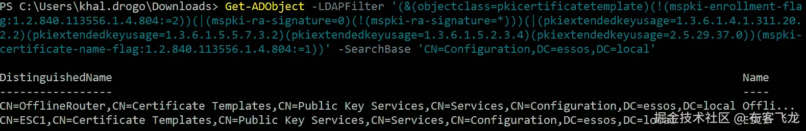 图 8.17 – LDAP 查询查找 ESC1 漏洞模板