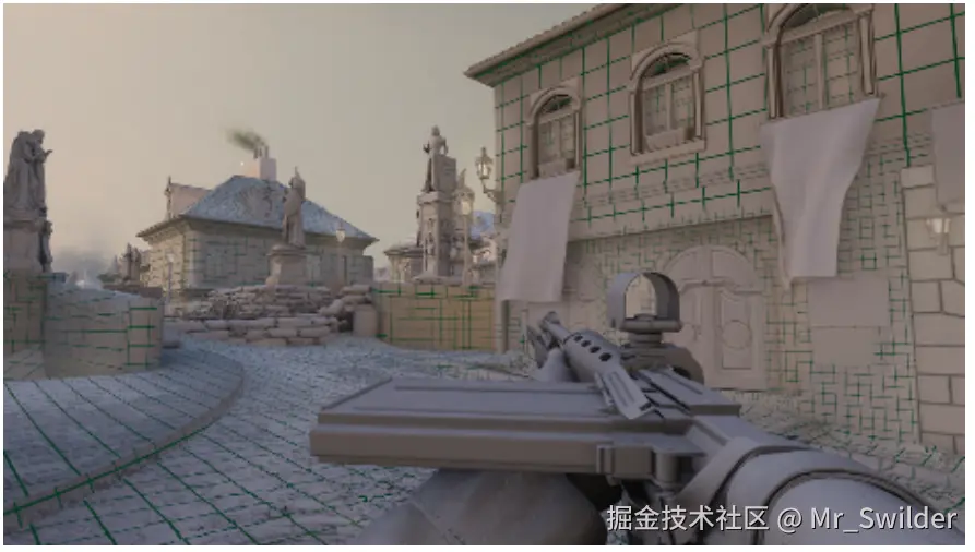 图11.23：《使命召唤：二战》使用AHD表示方法来编码光照贴图中光照的方向变化。图中展示的绿色网格用于在调试（debug）模式下可视化光照贴图的密度，其中的每个方块都对应了一个单独的光照贴图纹素。
