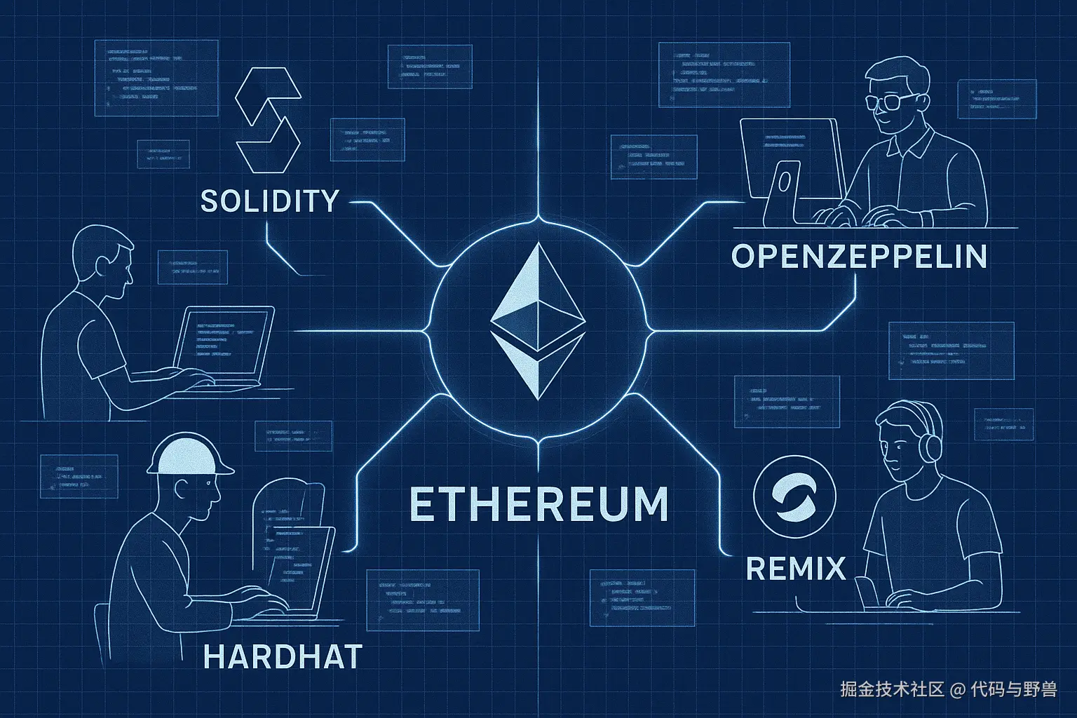Design_a_detailed_technical_ecosystem_map_for_Ethereum_in_a_technical_blueprint_aesthetic_with_a_blue_and_white_color_scheme_Center_the_Ethereum_logo_and_extend_glowing_branches_to_tools_and_frameworks_like_Solidity_OpenZeppelin_Hardhat_and.png