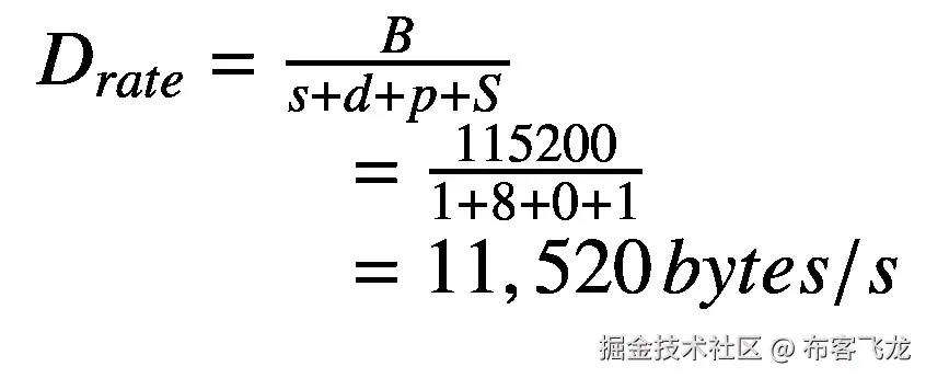 {\displaystyle \begin{array}{l}{D}_{rate}=\frac{B}{s+d+p+S}\\ {}\kern3.75em =\frac{115200}{1+8+0+1}\\ {}\kern3.75em =11,520\kern0.125em bytes/s\end{array}}