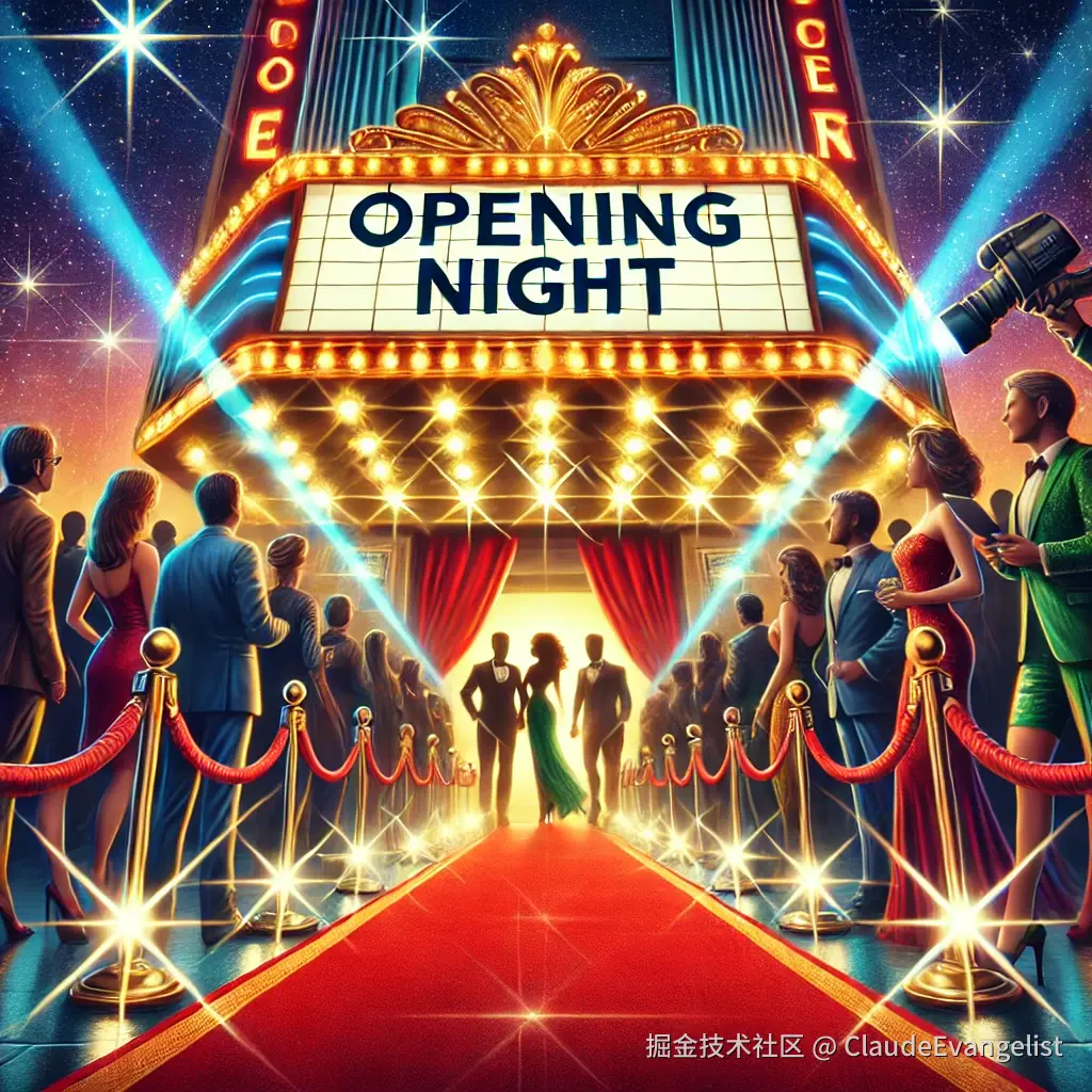 DALL·E 2024-12-07 21.42.11 - A vibrant scene depicting an opening night of a grand theater performance. The image shows a glamorous red carpet leading to a brightly lit theater en.webp