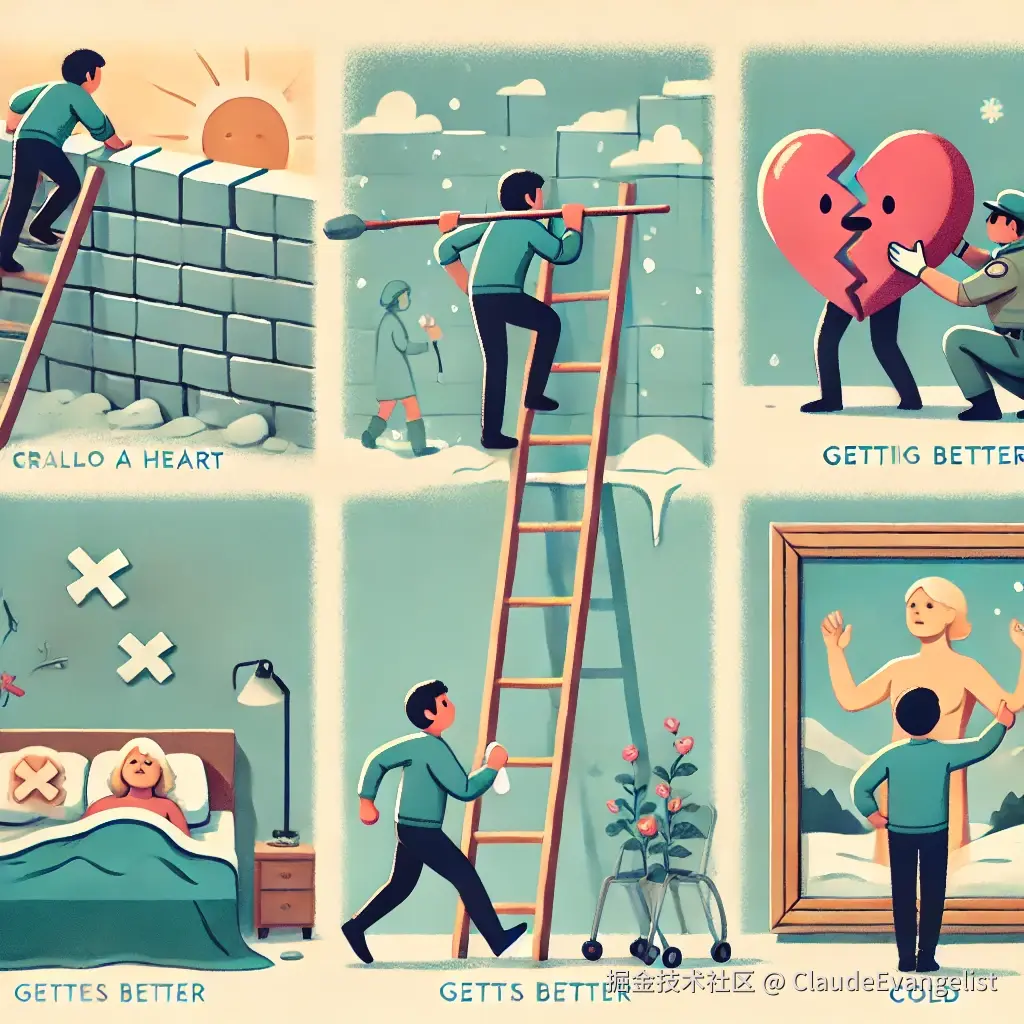DALL·E 2024-10-21 22.47.49 - An illustration depicting a person overcoming different obstacles, such as climbing over a wall, walking away from a broken heart, getting better from.webp