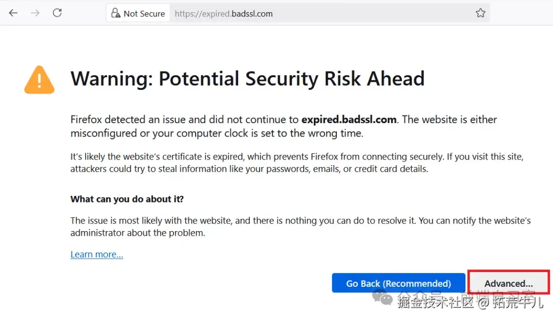 Firefox 证书过期警告页面——Warning: Potential Security Risk Ahead，提示证书可能已过期