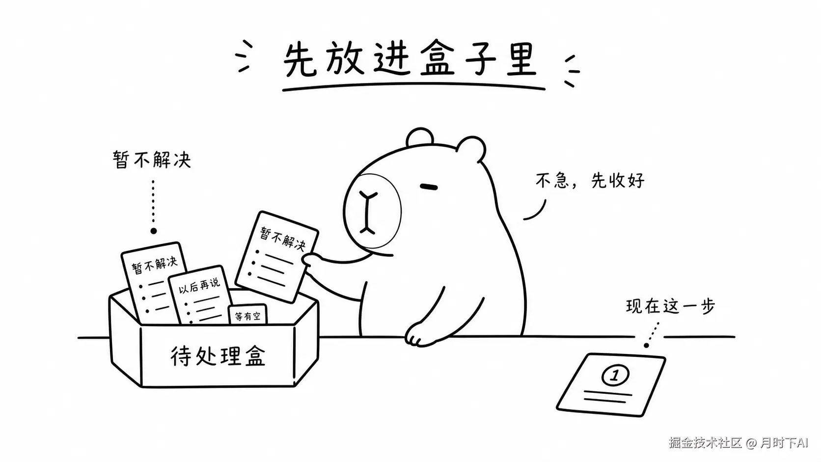 卡皮巴拉黑白线稿观点图：有些事情先放进盒子里