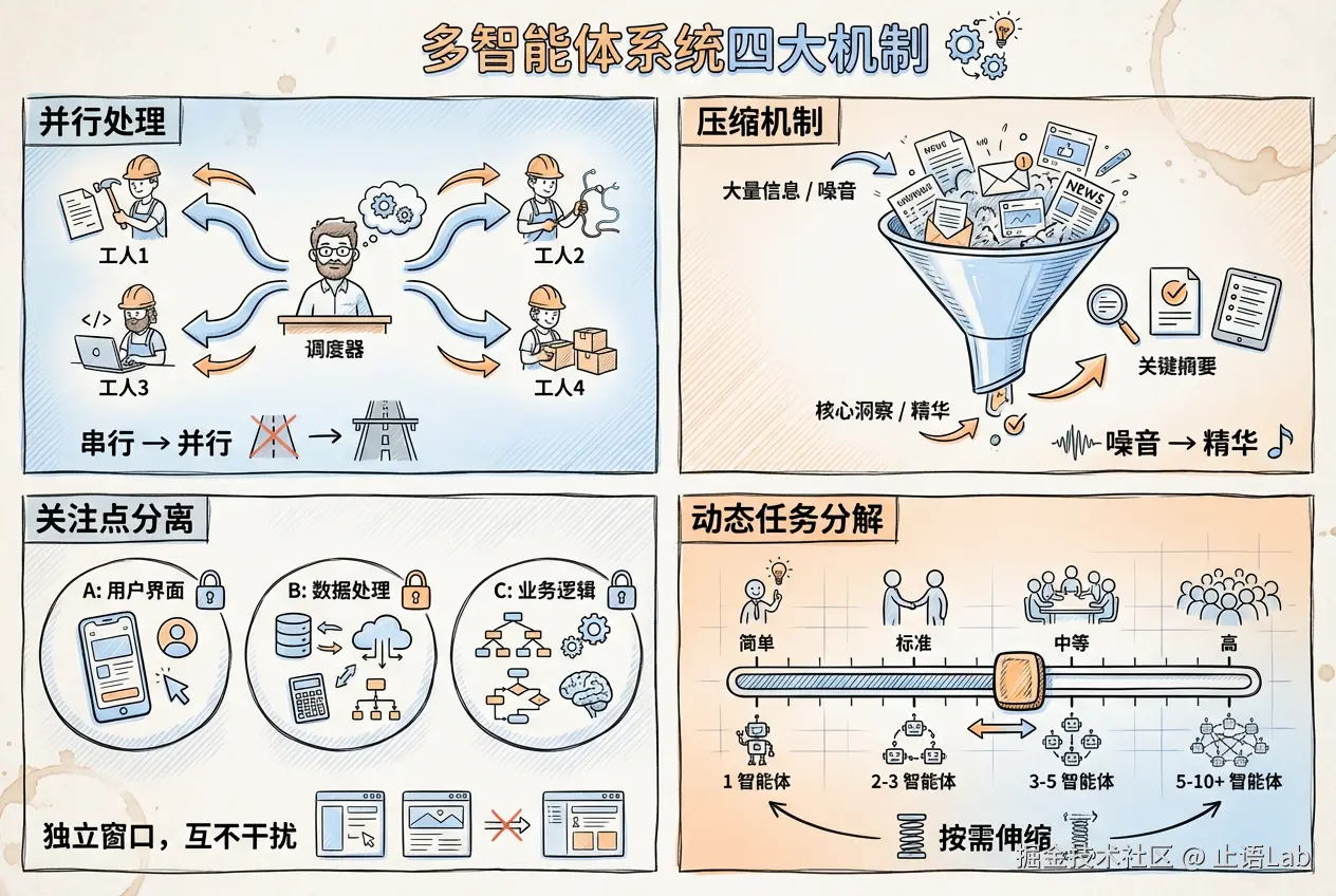 四个核心机制：并行处理、压缩机制、关注点分离、动态任务分解