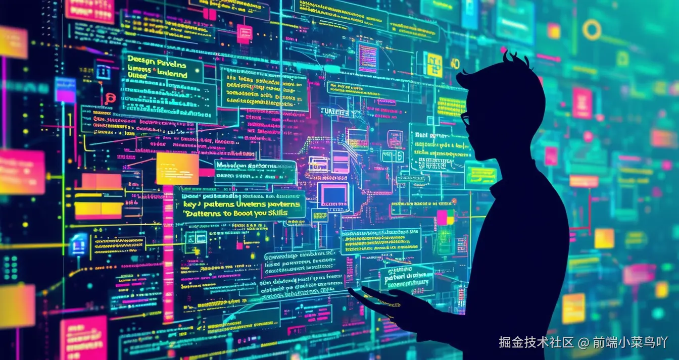 Cover Description___Title_ Design Patterns Unveiled__Background_ Modern, tech-themed with abstract code._Central Image Mind map of colorful design patterns._Foreground Developer silhouette with floating code snip.png