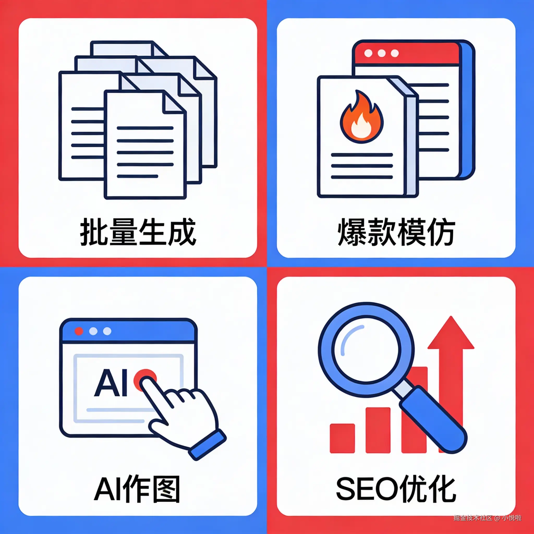 一张包含四个区域的拼图，现代扁平插画风格，展示火兔工具箱的四个核心功能。左上角是'批量生成'的图标（如多个文档堆叠）；右上角是'爆款模仿'（如一个带有火焰标志的模板）；左下角是'AI作图'（如一个魔术棒点击图片）；右下角是'SEO优化'（如一个放大镜和上升箭头）。整体风格统一，色彩使用品牌红和科技蓝。