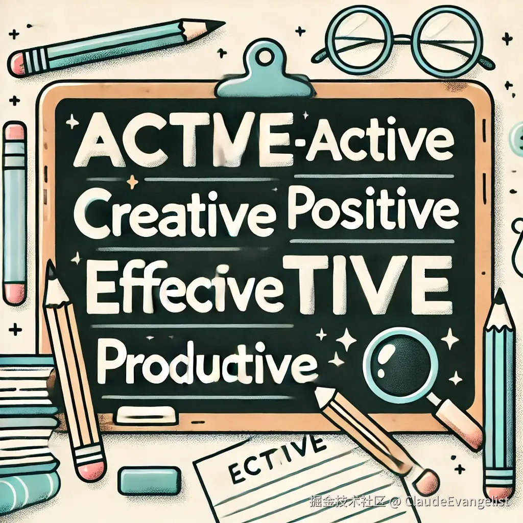 DALL·E 2024-10-26 11.32.51 - A clean and simple illustration showing a variety of English words ending in '-tive' displayed on a chalkboard or notepad. The words such as 'active',.webp