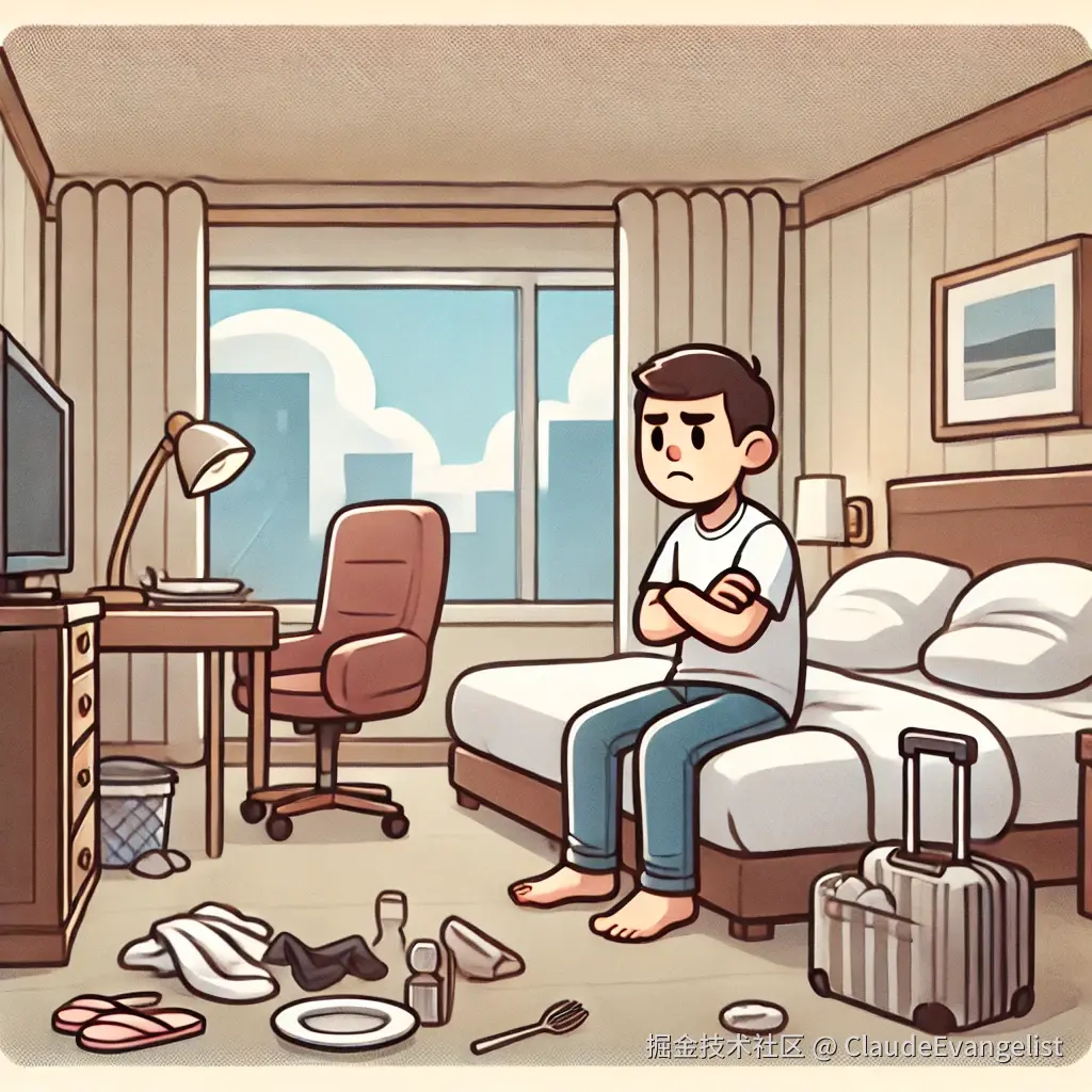 DALL·E 2024-12-01 20.32.30 - An illustration showing a person looking disappointed at a hotel room. The room is not clean, with a messy bed, unwashed dishes, and a broken lamp. Th.webp