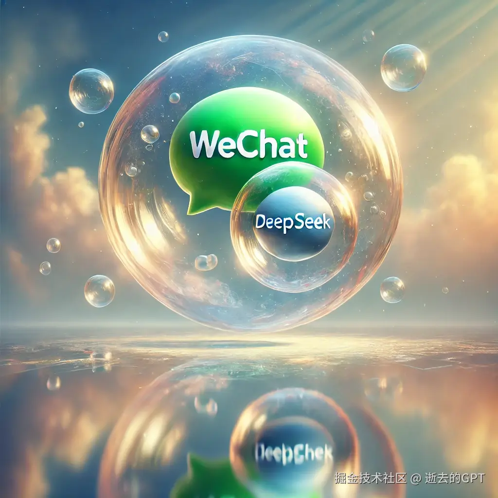 DALL·E 2025-02-17 10.58.18 - A surreal image showing a large, transparent bubble containing the word 'WeChat' written in green, with a smaller, transparent bubble inside it. The i