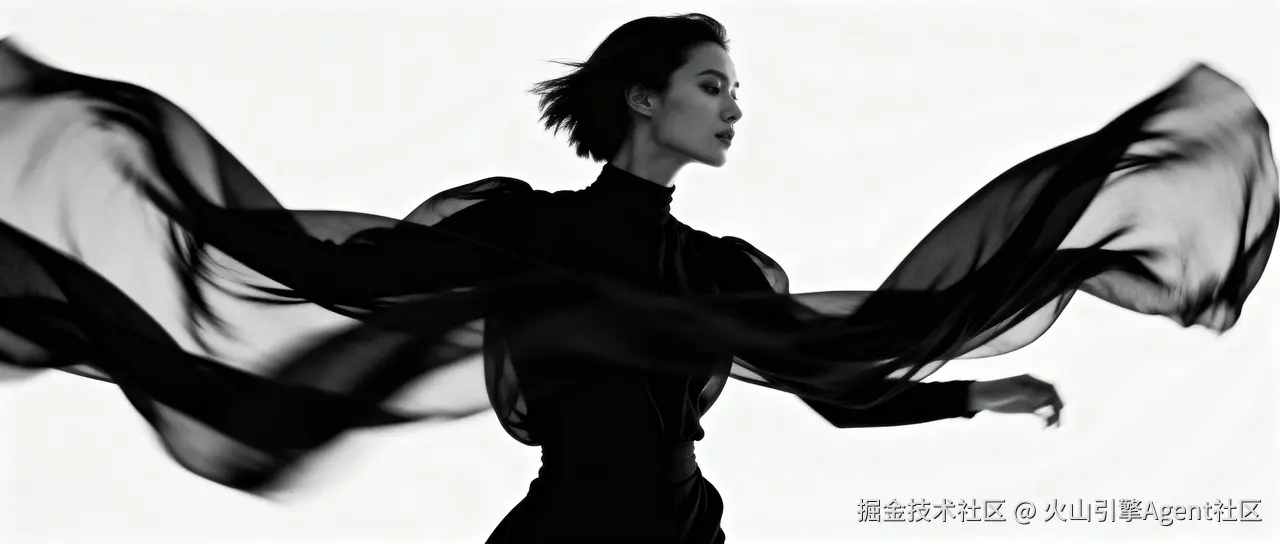 prompt：纯白背景下黑白动感抓拍，模特衣袂飘飘，突显轮廓，阿维顿式精准构图，画质极锐利。