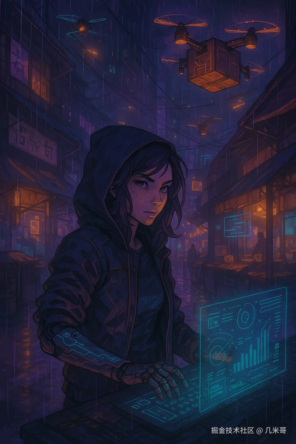 赛博朋克雨巷女黑客场景