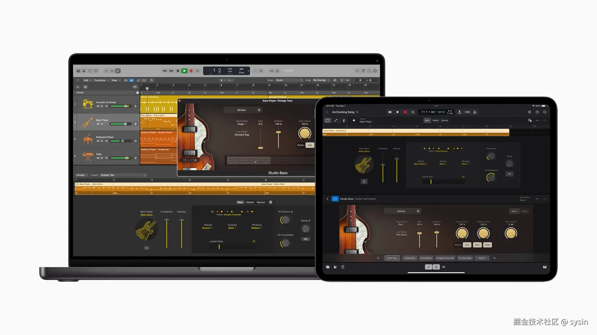 16 英寸 MacBook Pro 和 13 英寸 iPad Pro 屏幕均显示 Logic Pro。
