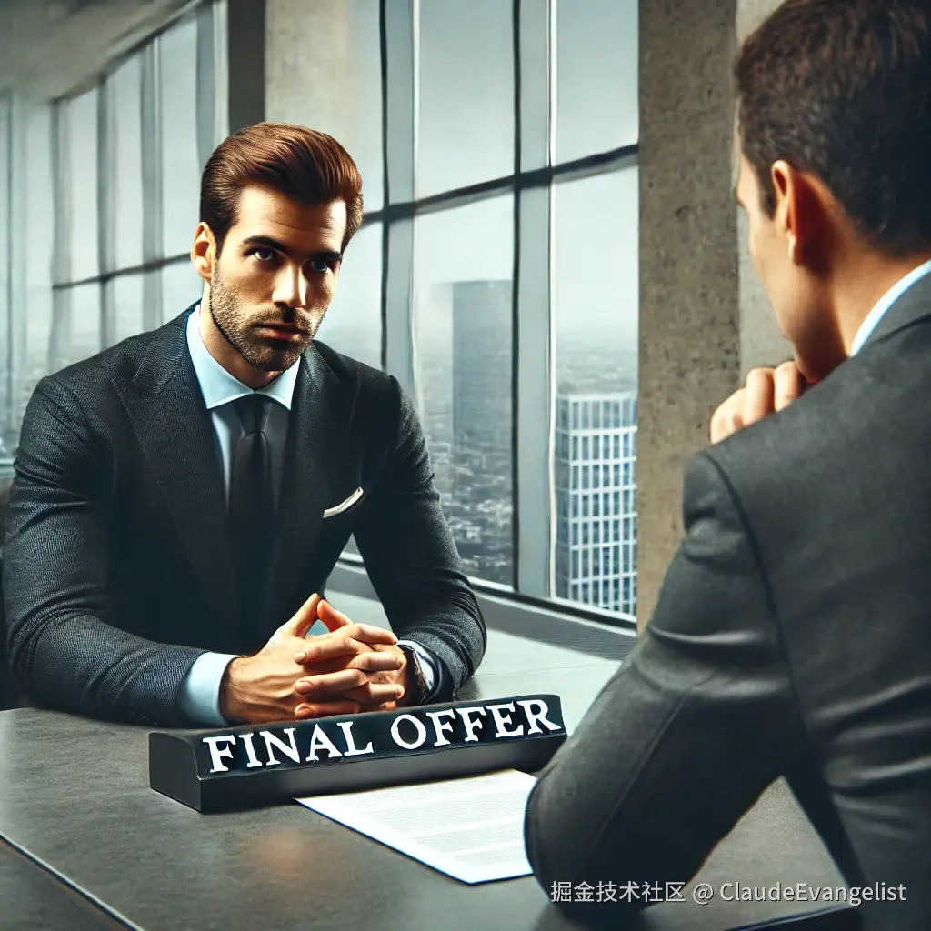DALL·E 2024-12-15 09.32.54 - A professional negotiation scene in a modern office setting. A businessman in a suit sitting at a table, confidently making a final offer to a partner.webp
