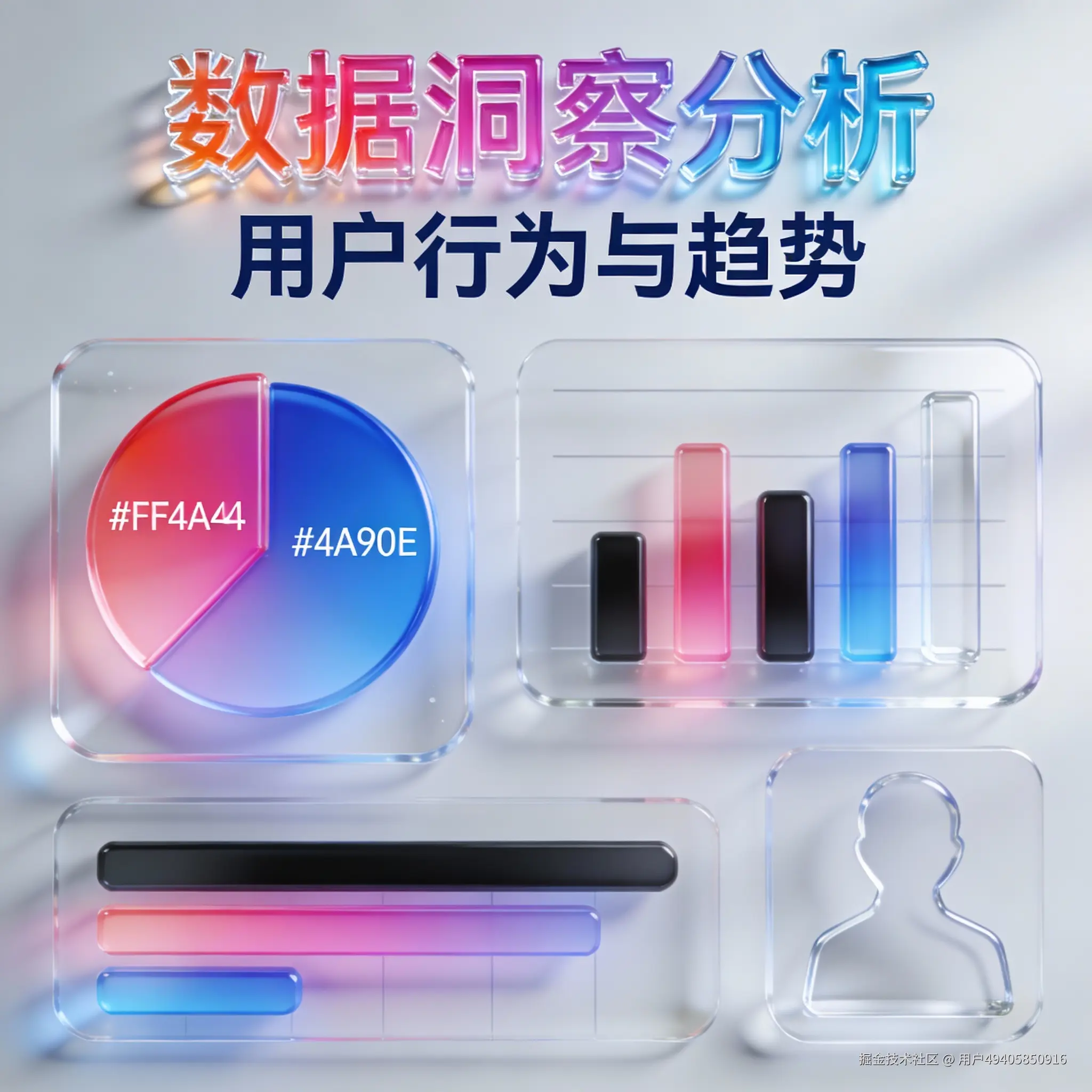 一个抽象的数据仪表盘，包含饼图、柱状图和用户画像剪影，使用红蓝配色，突出洞察和分析的感觉