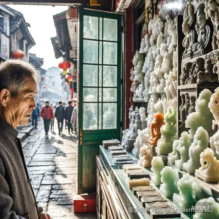 一位面带愁容的南阳中年店主站在略显冷清的实体店铺门口，店内陈列着精美的玉雕工艺品，窗外街道人流稀少，阳光斜照在空荡的收银台上