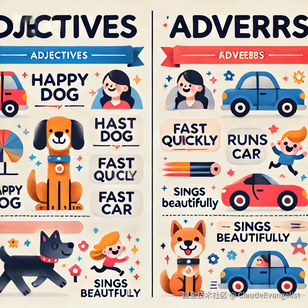 DALL·E 2024-11-03 14.24.49 - An educational illustration comparing adjectives and adverbs in English grammar. On one side, a column labeled 'Adjectives' shows examples like 'happy.webp