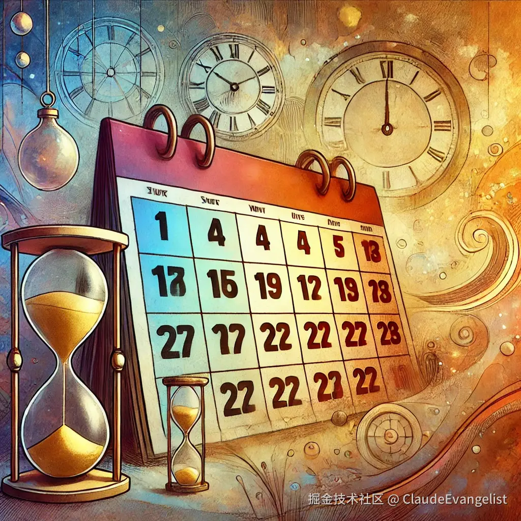 DALL·E 2024-12-18 11.16.49 - An artistic illustration of a calendar with a few days marked in bright colors, surrounded by symbols of time such as a clock and sand timer, represen.webp