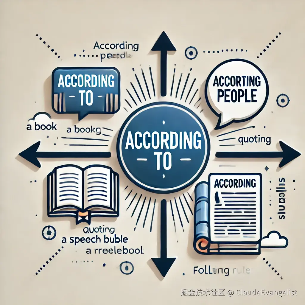 DALL·E 2024-08-05 22.34.11 - A professional illustration showing the phrase 'according to' in the center with a book, a speech bubble, and a rulebook around it. The background is .webp