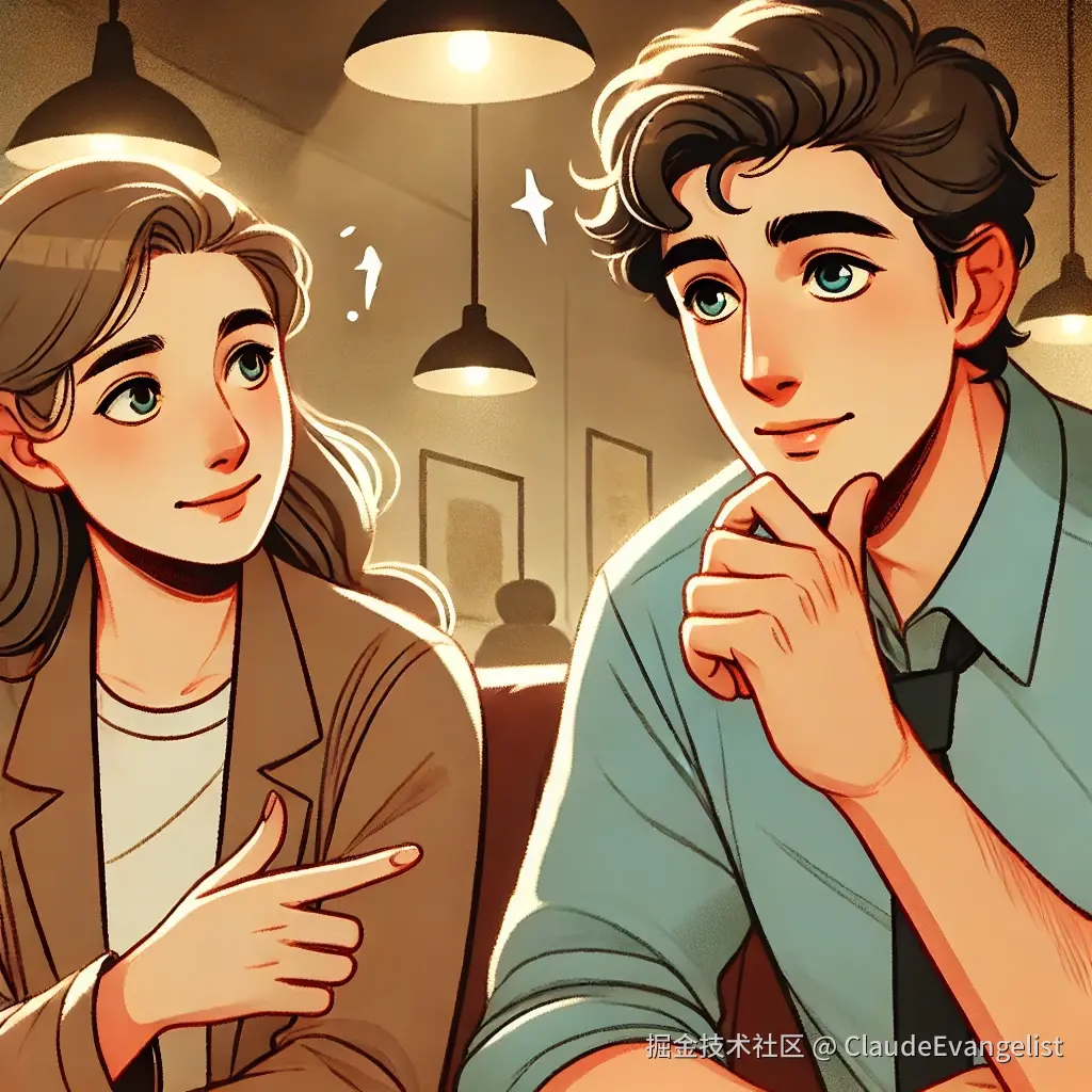 DALL·E 2024-10-06 19.50.47 - A friendly discussion between two people, one explaining something while looking thoughtful, the other listening attentively. The setting is casual, p.webp