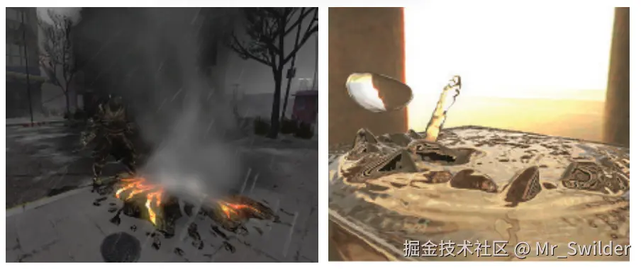 图14.18：在GPU上使用体渲染与流体模拟相结合的技术来渲染烟雾和水体。 [303]