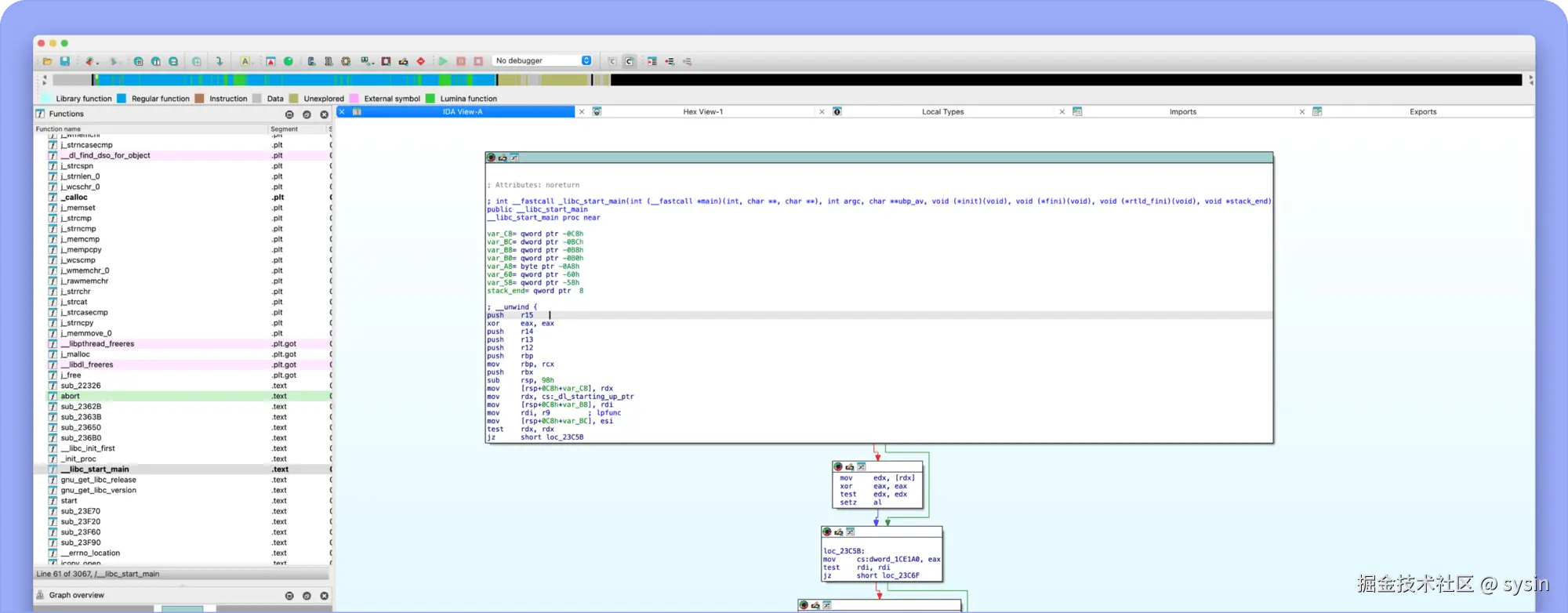 Screenshot of a code analysis interface showing a list of functions on the left and a detailed view of a selected function with assembly code and a control flow graph on the right.