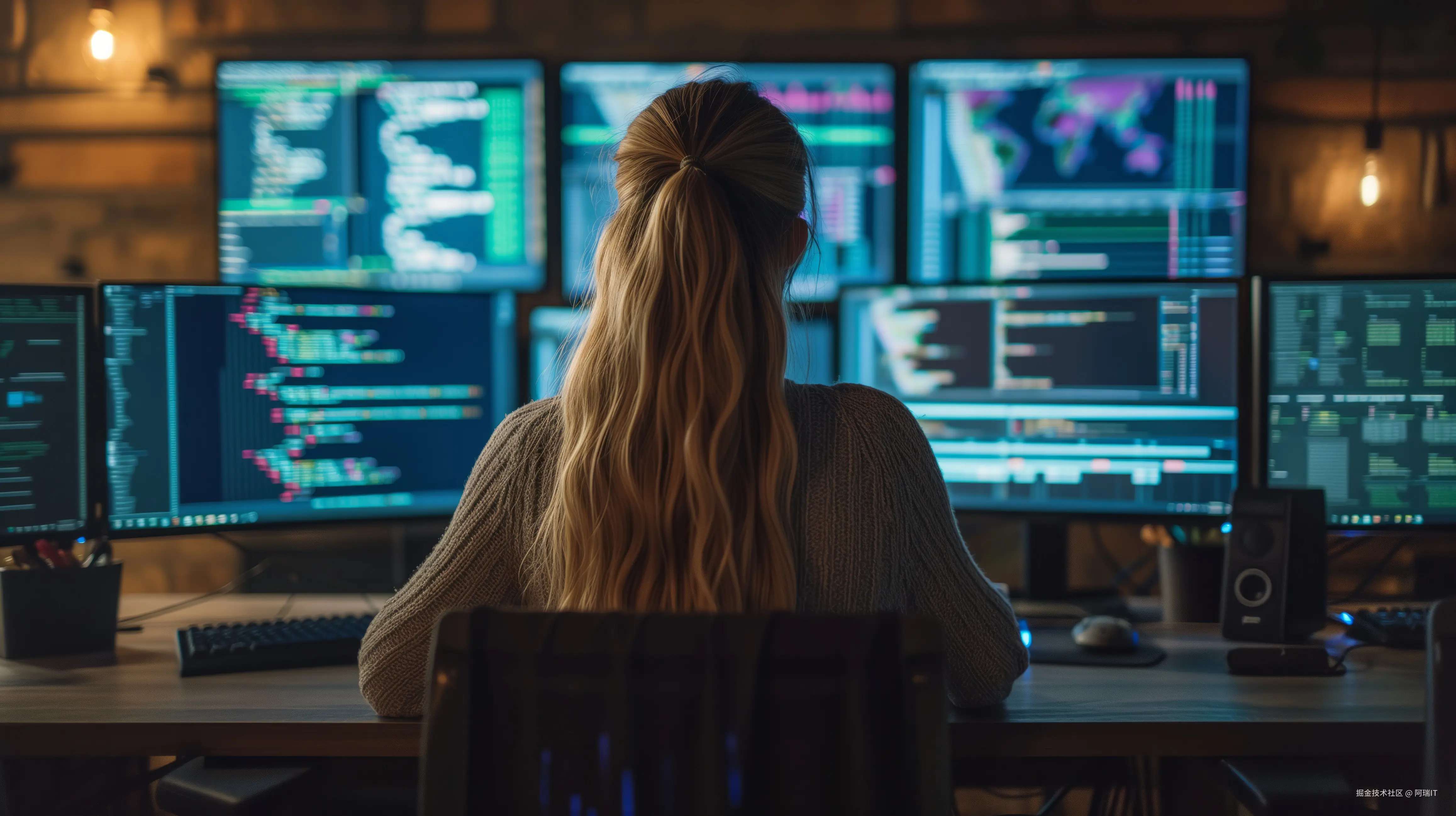 摄图网_372112853_暗室中女性程序员多屏电脑编程背影(企业商用).jpg