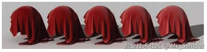 图9.43：将Imageworks光泽高光项添加到一个红色漫反射项中。从左到右的光泽粗糙度值分别为 \alpha = 0.15，0.25，0.40，0.65，1.0。 [442]