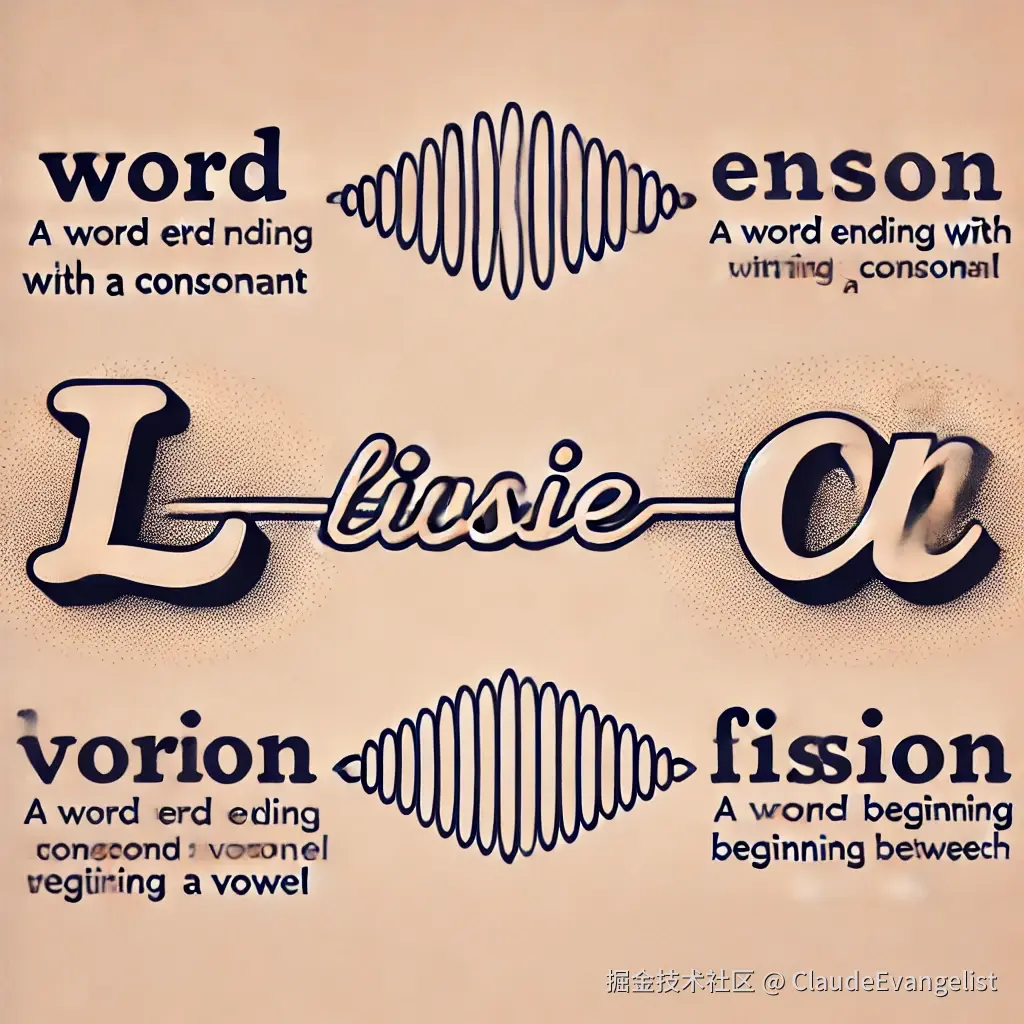 DALL·E 2024-09-15 10.24.33 - An illustration showing two words connected by a smooth line to represent liaison in English pronunciation. On the left, a word ending with a consonan.webp