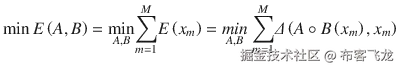 \min E\left( A, B\right) = \underset{A, B}{ \min }{\displaystyle \sum_{m=1}^M} E\left({x}_m\right)=\underset{A, B}{ m in}\ {\displaystyle \sum_{m=1}^M}\varDelta \left( A\circ B\left({x}_m\right),{x}_m\right)