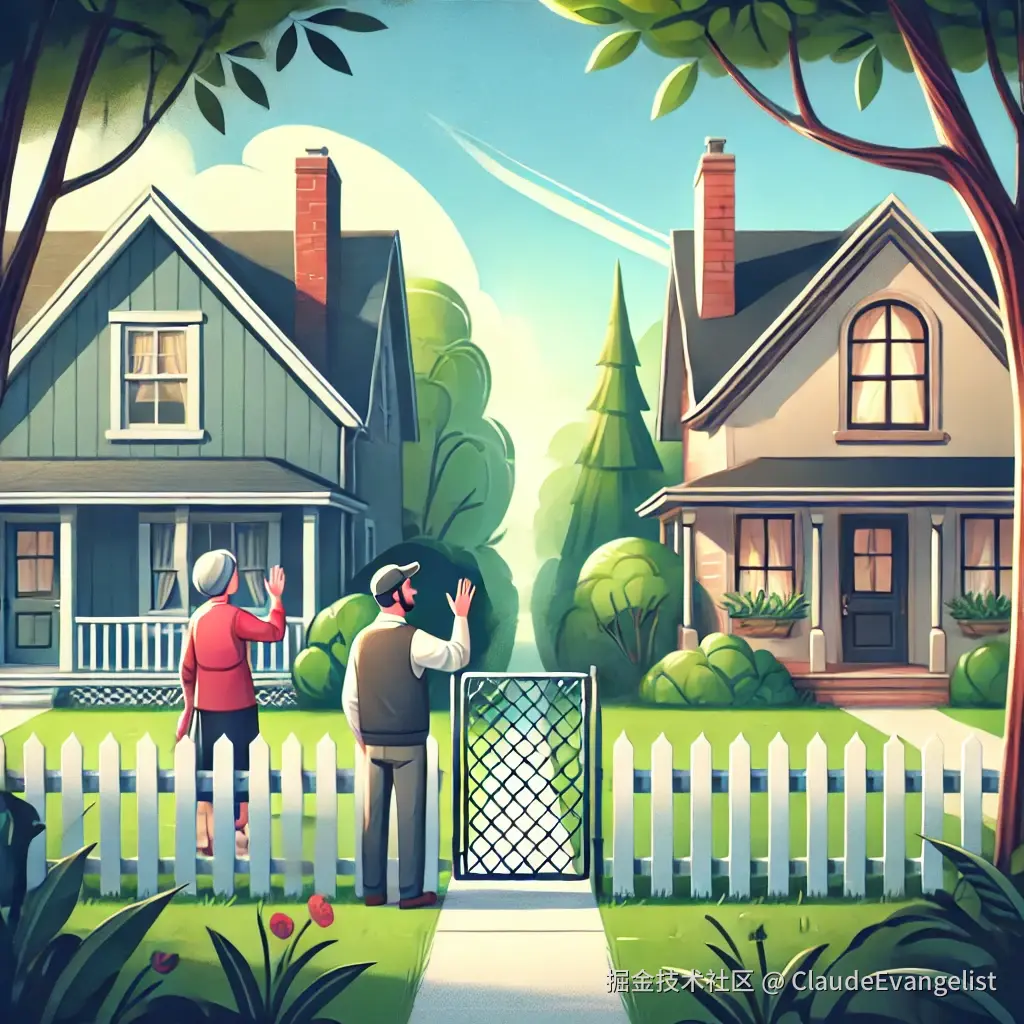 DALL·E 2024-08-17 14.19.48 - A peaceful neighborhood scene featuring two houses side by side, with a couple standing in front of the left house waving to their neighbors in front .webp
