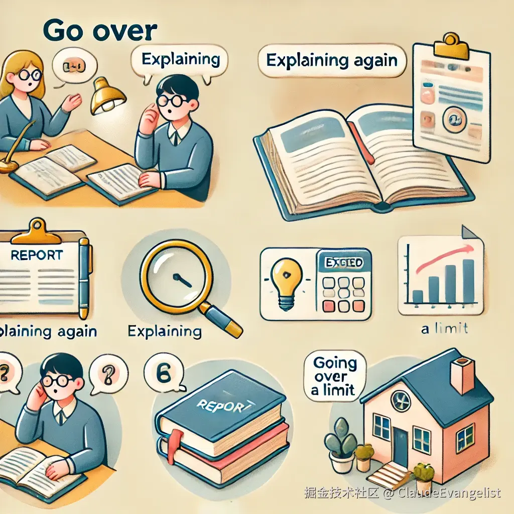 DALL·E 2024-10-27 20.56.28 - A clear, educational illustration for an article explaining the English phrase 'go over.' The image features a study desk with open notebooks, a repor.webp