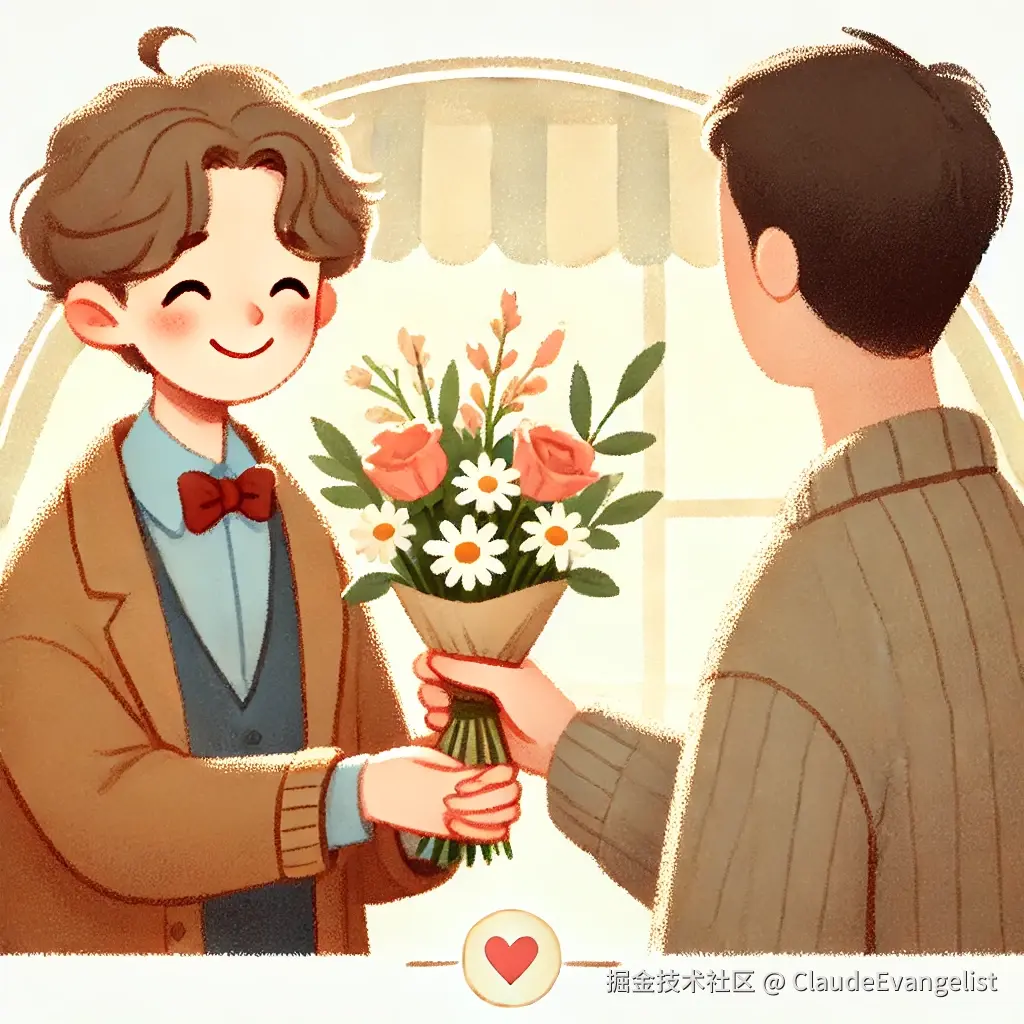 DALL·E 2024-08-15 21.53.09 - A warm and cheerful illustration of a person handing flowers to another person in a friendly and casual setting. The person receiving the flowers look.webp