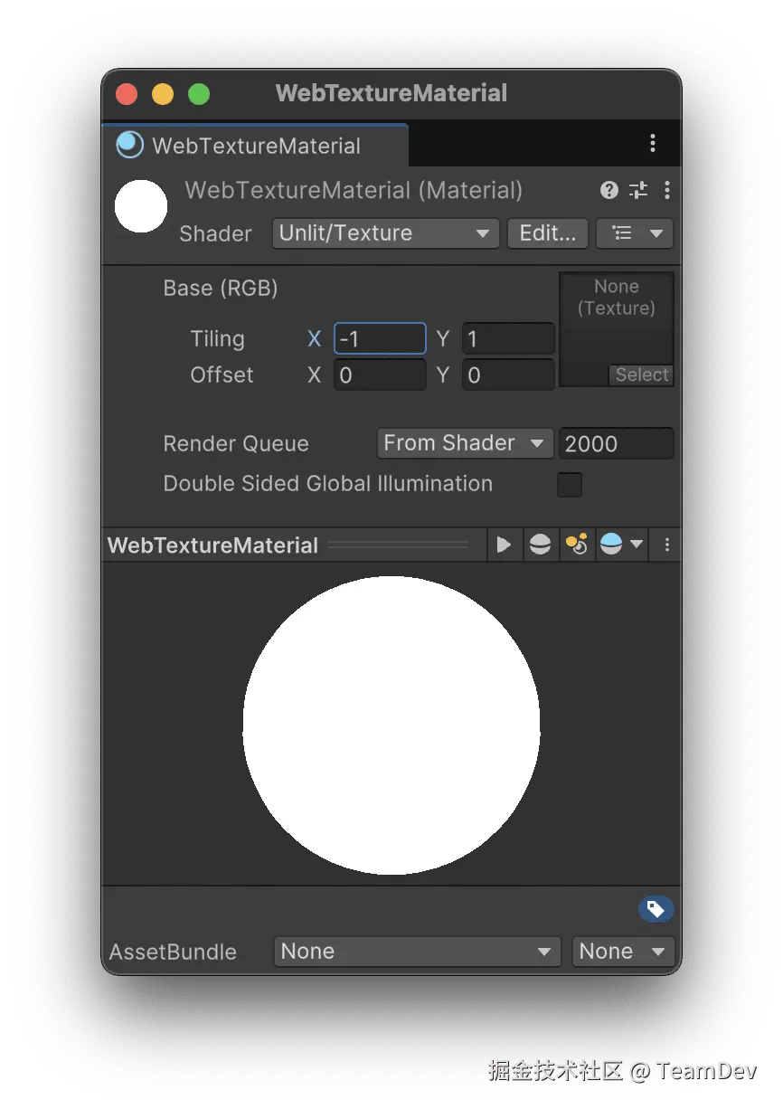 设置 "Tiling X" 为 -1 的 WebTextureMaterial。