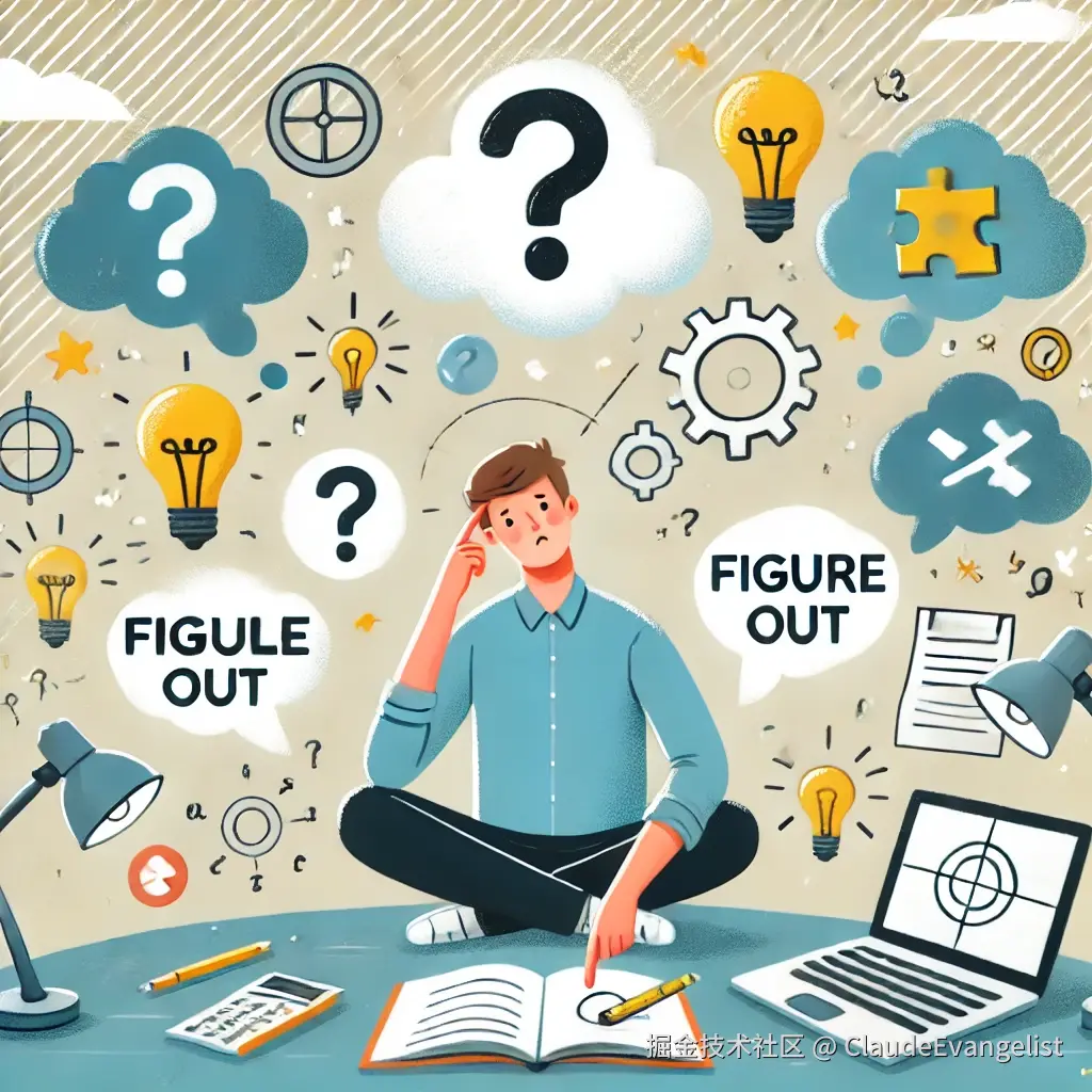 DALL·E 2024-10-17 21.22.04 - An illustration of a person surrounded by thought bubbles, looking puzzled while trying to solve a problem, representing the concept of 'figure out'. .webp