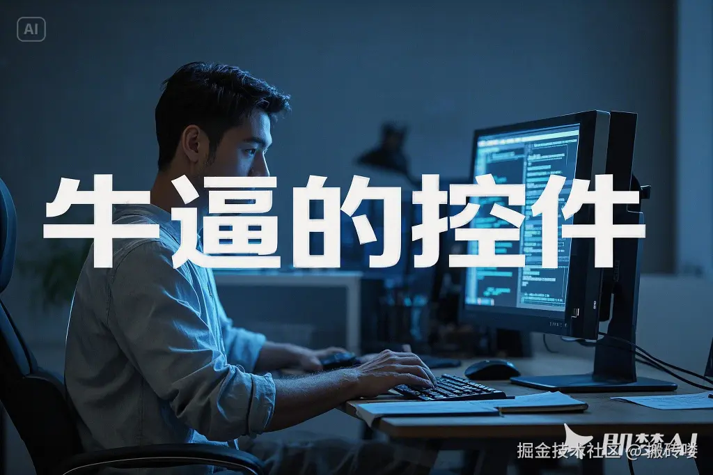 一位程序员坐在电脑旁“牛逼的控件”.png