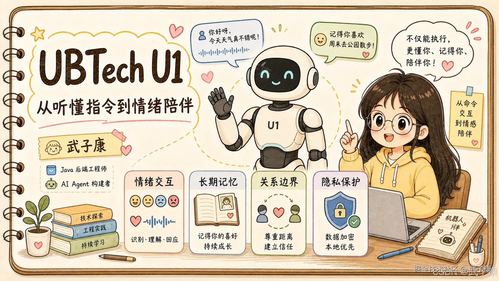 UBTech U1 从听懂指令到情绪陪伴：白色 U1 机器人与戴眼镜黄色卫衣女孩 + 情绪交互 / 长期记忆 / 关系边界 / 隐私保护四张功能卡
