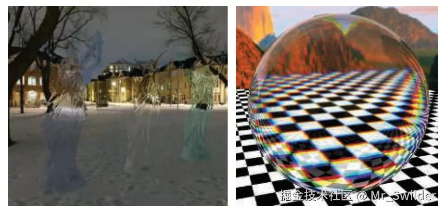 图14.37：左图：使用立方体环境贴图来模拟玻璃天使的折射现象，这个贴图本身也被用作天空盒的背景 [218] 。右图：玻璃球的反射现象和折射现象，具有色差效应 [1696] 。