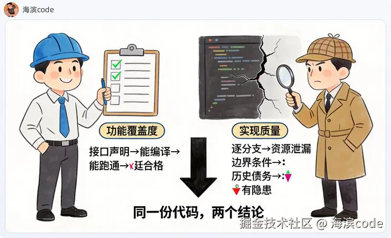两种审计视角对比：功能覆盖度 vs 实现质量