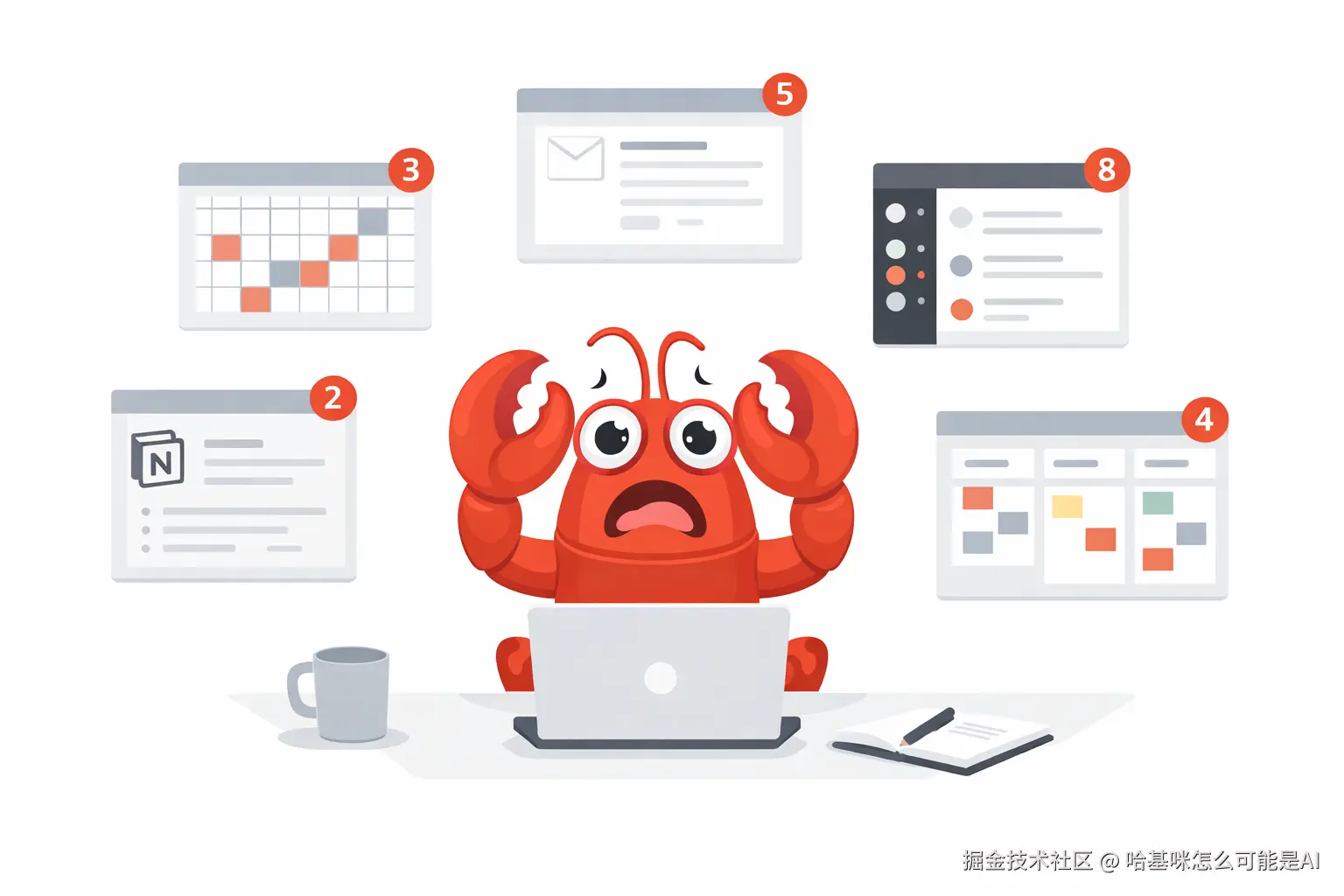 Flat illustration of a person sitting at a desk, looking stressed and overwhelmed. Multiple floating app windows surround them — calendar, email, Slack, Notion, a task board — each with red notification badges. Clean minimal style, muted color palette with one accent color (orange or red for the notifications), white background. 