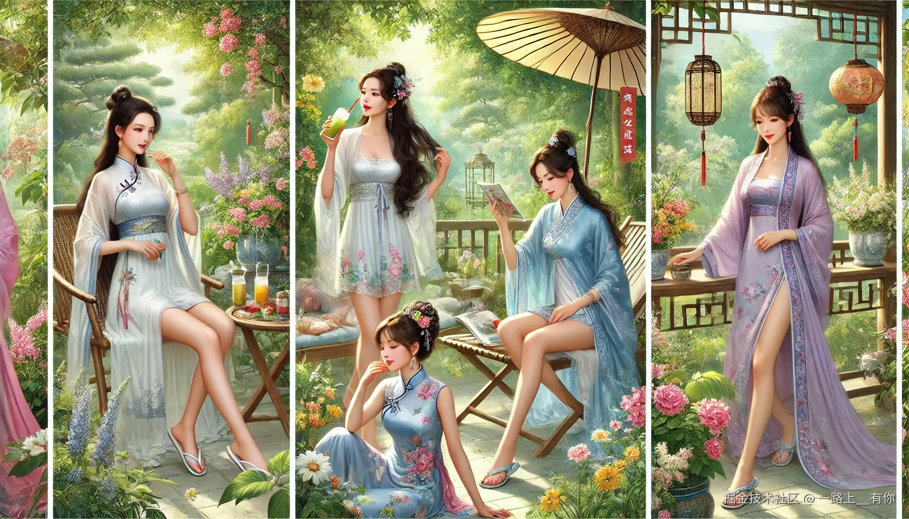 DALL·E 2024-09-24 13.52.25 - A serene summer scene featuring four beautiful Chinese women in a lush garden. Each woman is dressed in stylish, light summer clothing, showcasing a v.webp