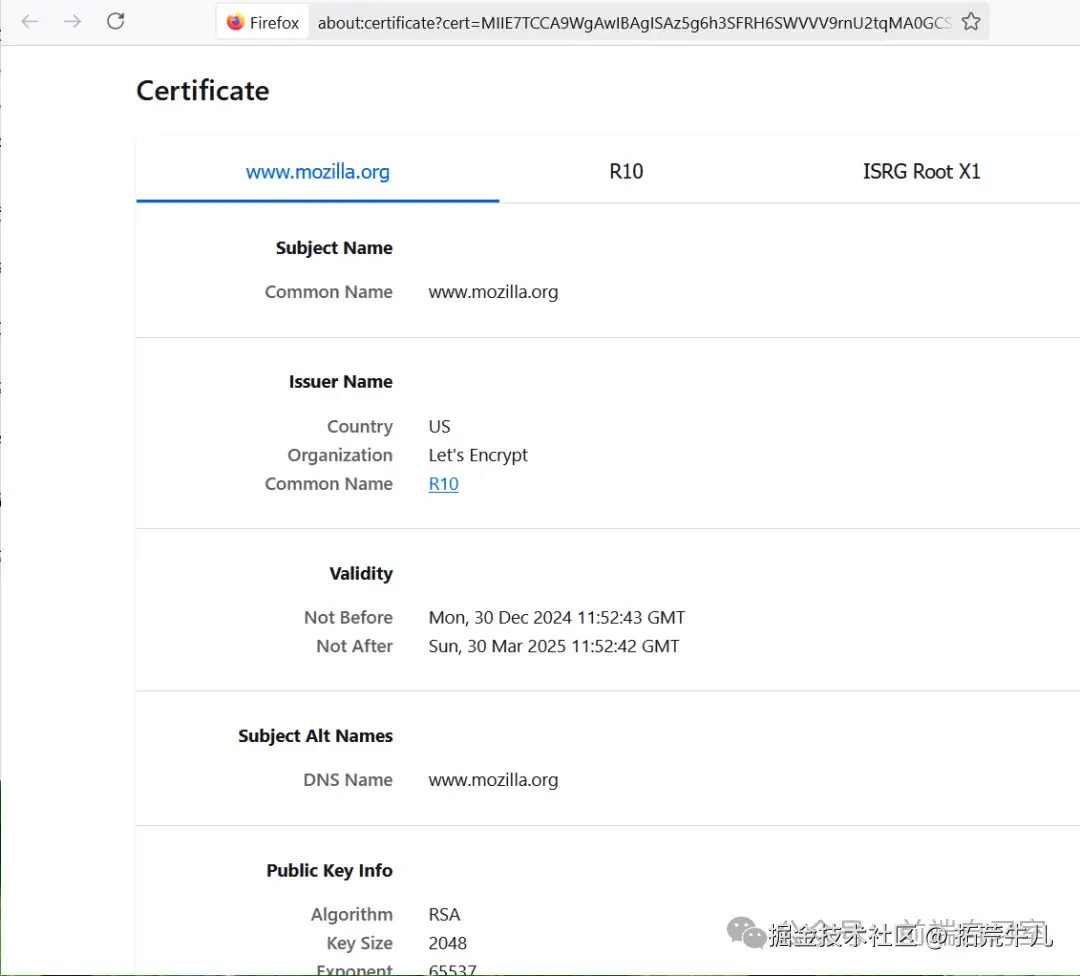 Firefox 证书详情页，三个选项卡对应信任链的三级：站点证书 www.mozilla.org → 中间证书 R10 → 根证书 ISRG Root X1