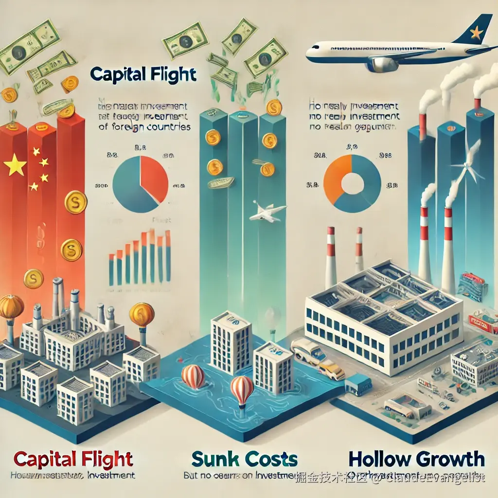DALL·E 2024-12-24 12.15.36 - An infographic illustrating the three major economic challenges facing China_ capital flight, sunk costs, and hollow growth. The image should visually.webp