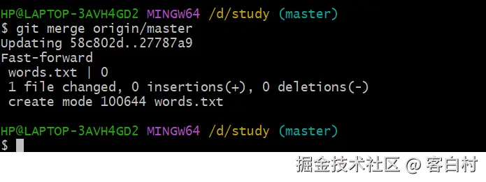 将远程仓库origin/master分支合并至本地仓库中的master分支上