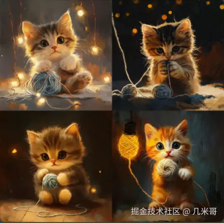小猫玩毛线球-油画风格-暖光效果