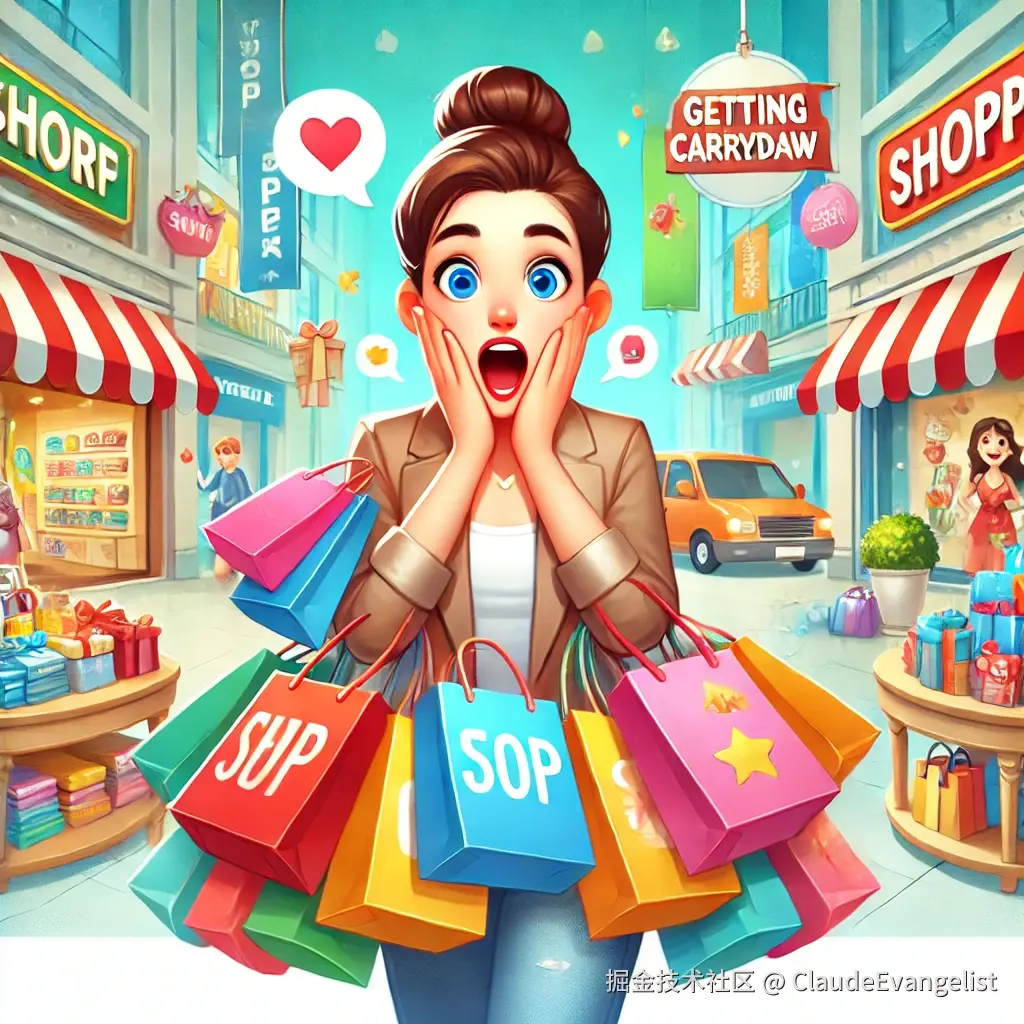 DALL·E 2024-11-08 23.06.30 - An illustration capturing the concept of 'getting carried away'_ a person in a shopping mall holding numerous shopping bags, looking surprised and sli.webp