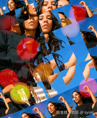 一名女子的照片以网格形式排布，展示同一张照片的不同细节。