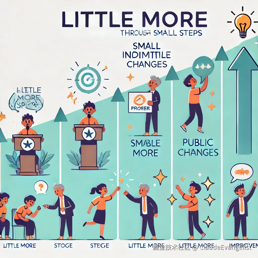 DALL·E 2024-11-07 23.27.28 - An illustration showing gradual improvement through small steps. A character is practicing different skills, like public speaking and teamwork, with s.webp